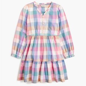 Girls' plaid button-front tiered dress (Ivory Teal Whisper Mult)